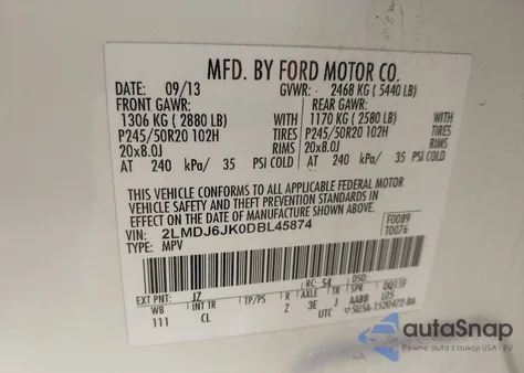 2013 Lincoln Mkx из США, поврежденный, VIN 2LMDJ6JK0DBL45874